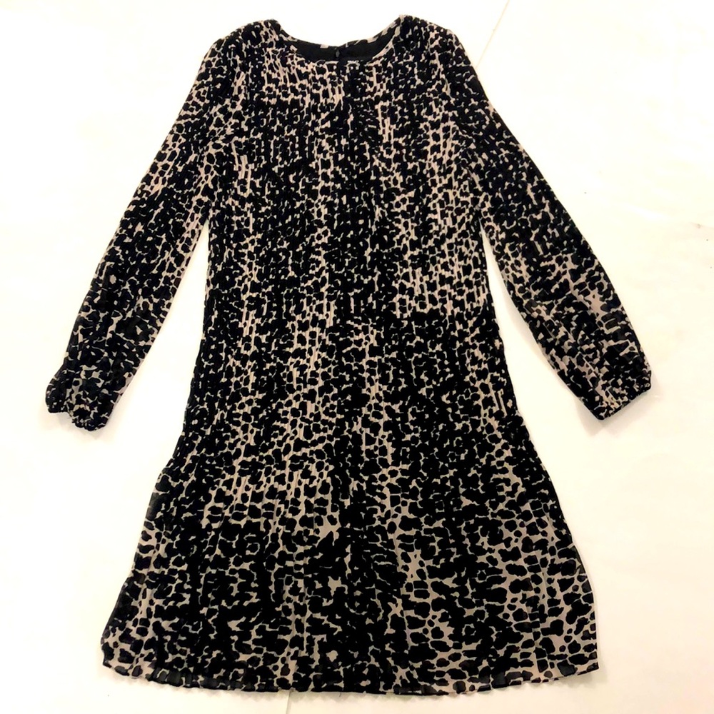 DKNY 2 Dress Black Cream Abstract Pleated Sheer Long Sleeve Stretchy Excellent